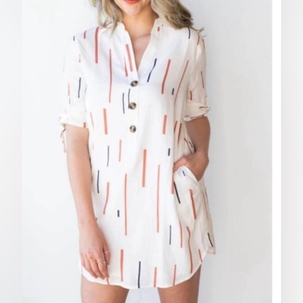 Lush‎ Striped Short Dress Button Front Short SleevesPockets Linen